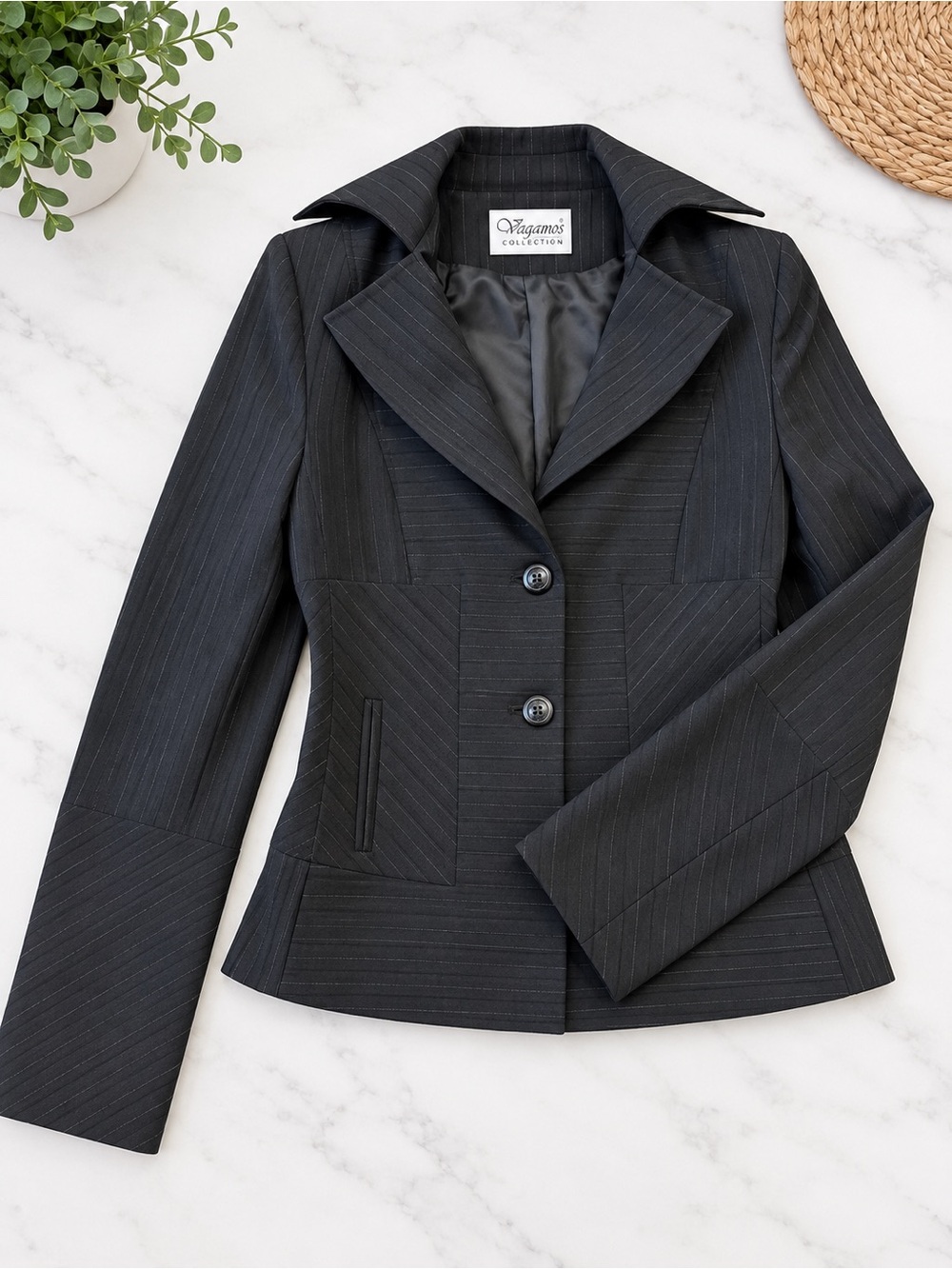 Vagamos Vintage Black Pinstripe Tailored Blazer Double Lapel Fitted Y2K Sz XS/S
